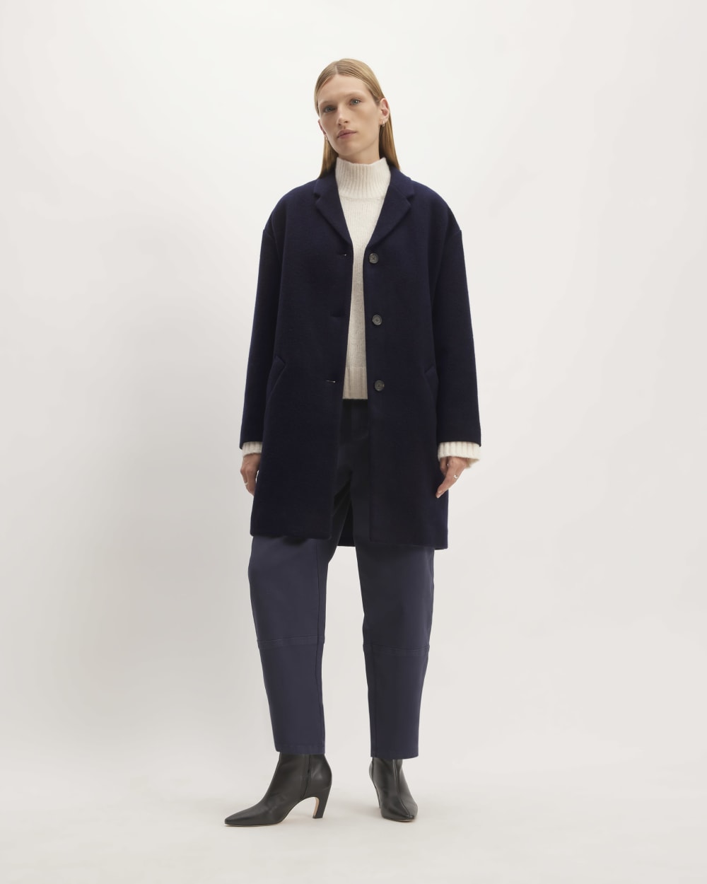 The Italian ReWool® Cocoon Coat in Navy — detail view
