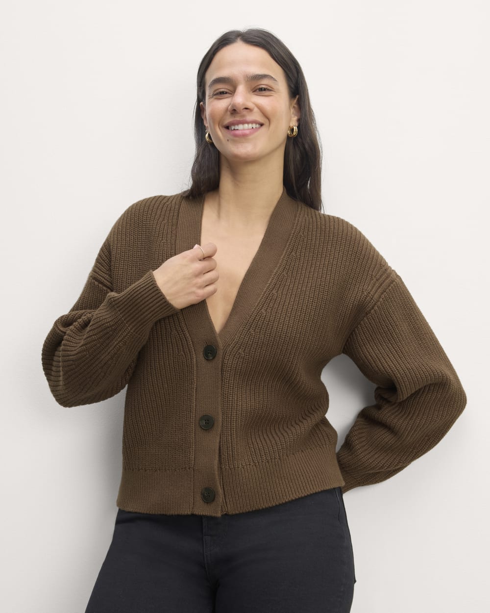 The Boxy Cardigan in Everyday Cotton in Cocoa — front view