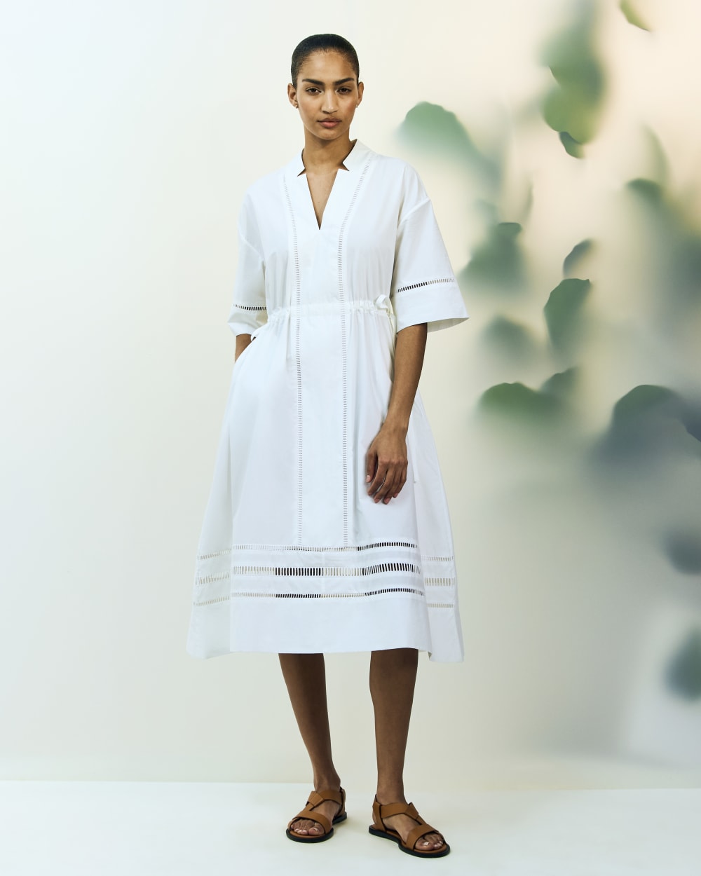 The Lace Trim Caftan Dress in White — detail view