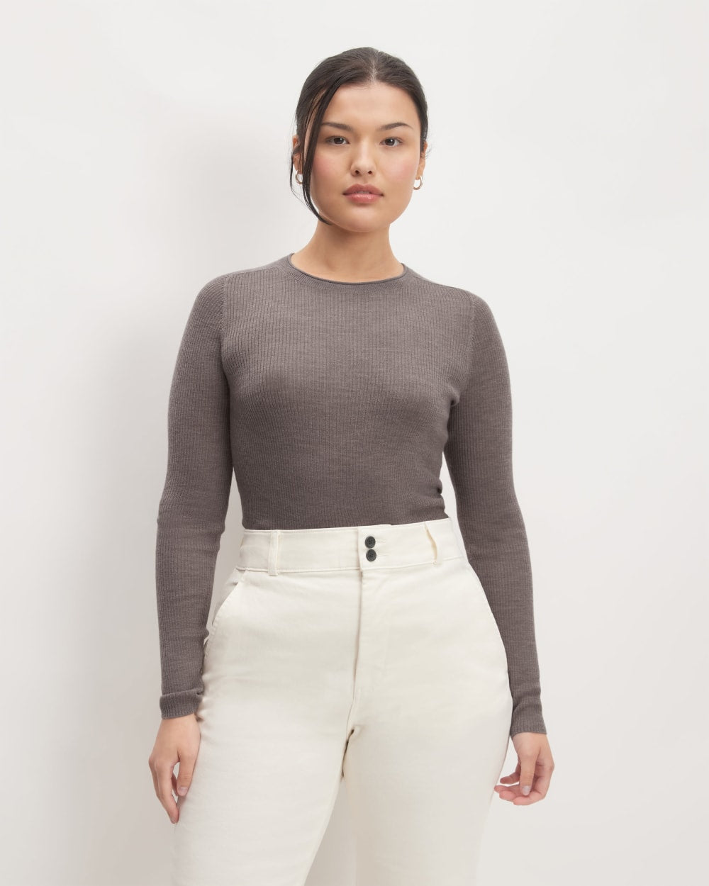 The Long-Sleeve Sweater Tee in Ultrasoft Merino in Heather Cocoa — front view
