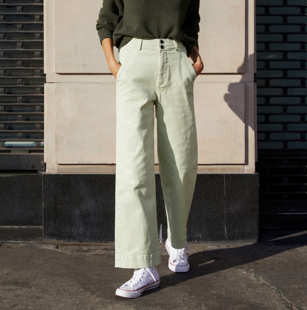 The Organic Wide-Leg Pant in Seafoam Green — detail view