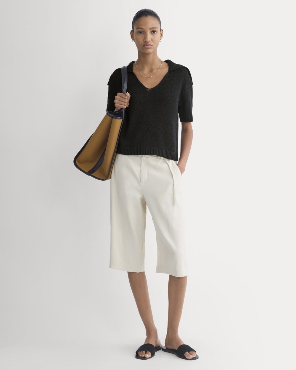 Open Collar Polo in Black — detail view