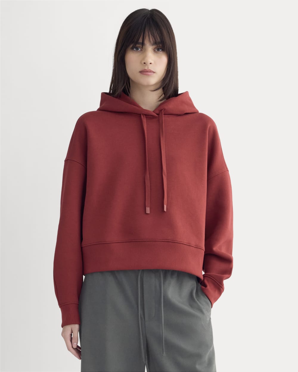 Cropped Luxe Fleece Hoodie in Merlot — front view