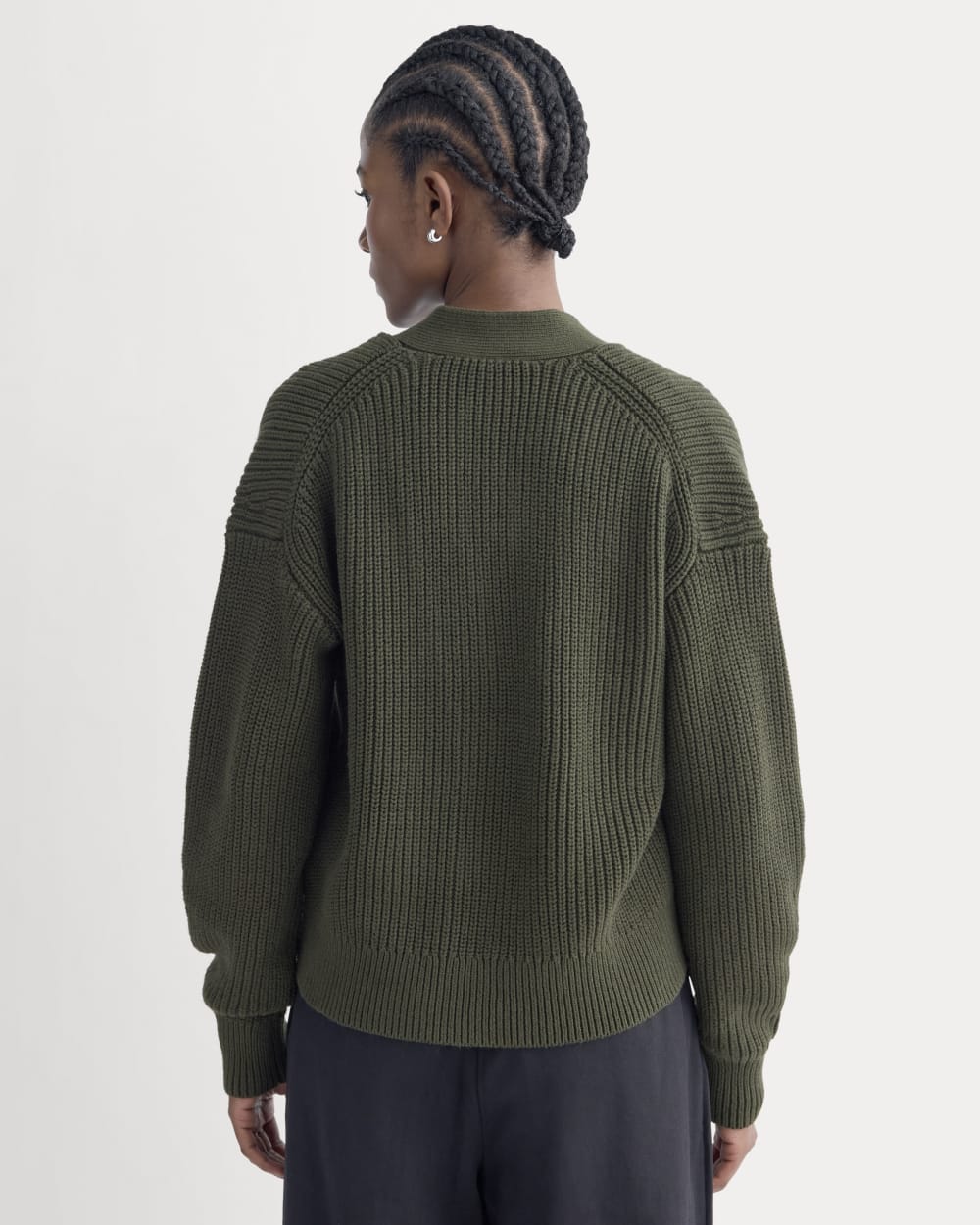 The Boxy Cardigan in Everyday Cotton in Dark Green — detail view