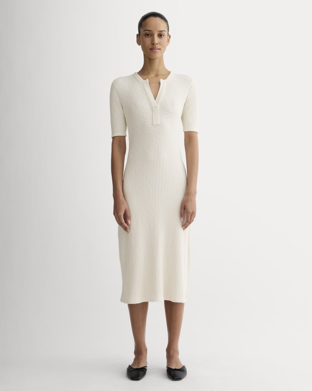 The Rib-Knit Henley Dress in Bone — front view