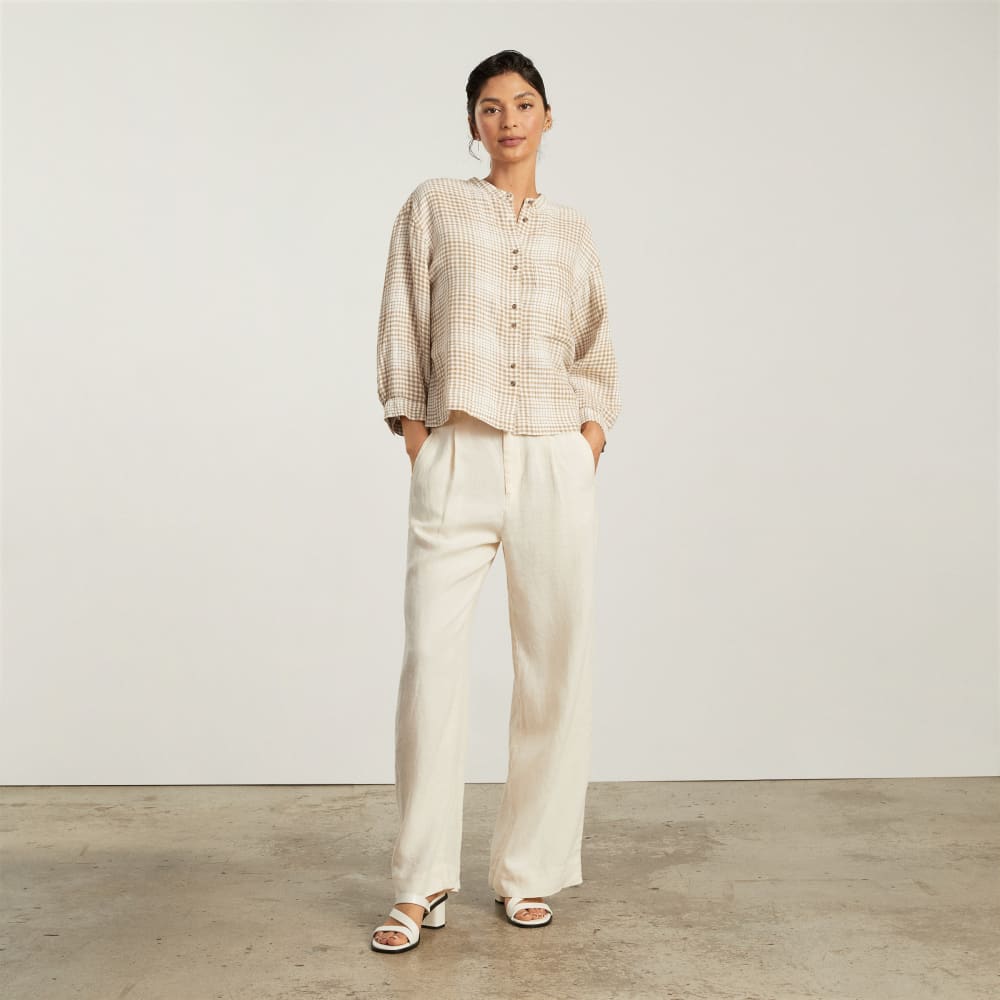 The Linen Billow Blouse in Iced Coffee Grid — detail view