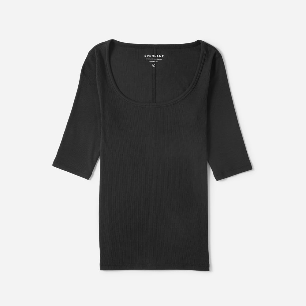 The Luxe Micro-Rib Scoop-Neck Tee in Black — front view