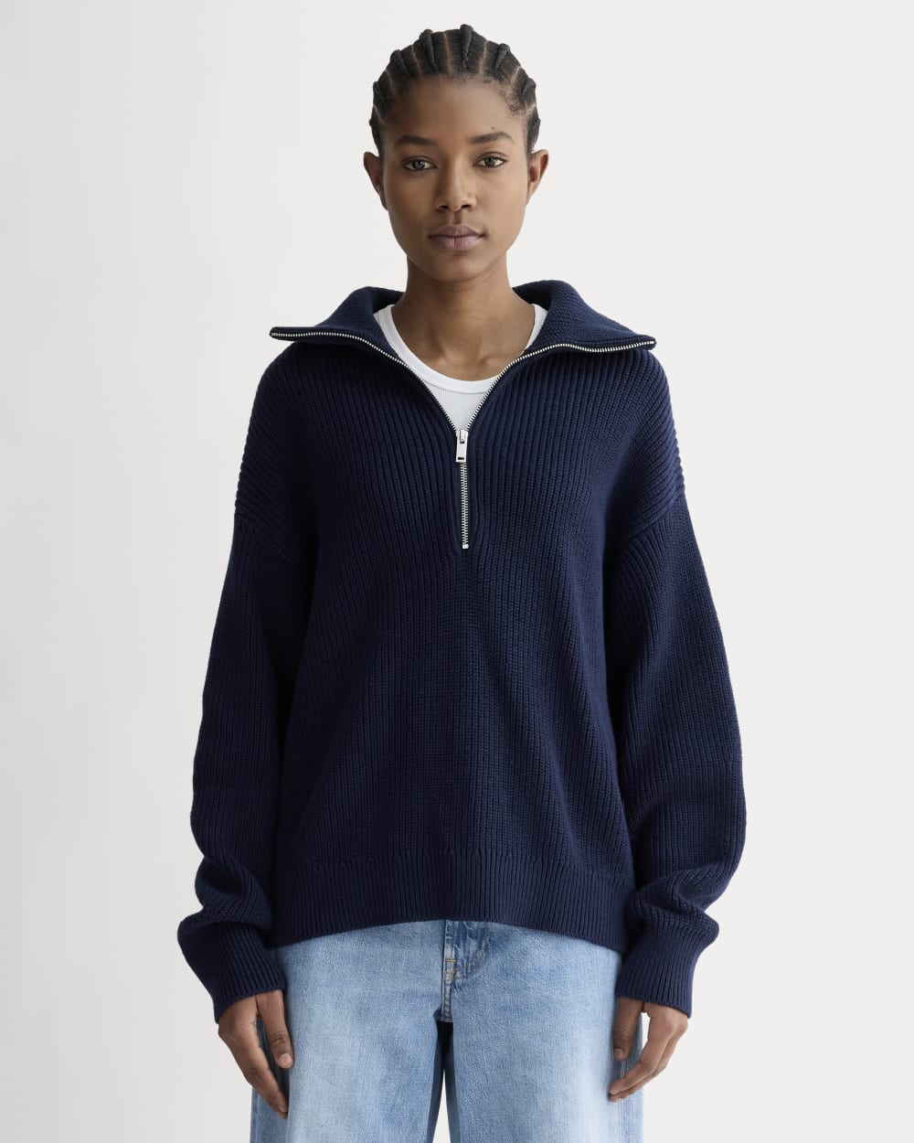 The Half-Zip in Everyday Cotton in Navy — front view
