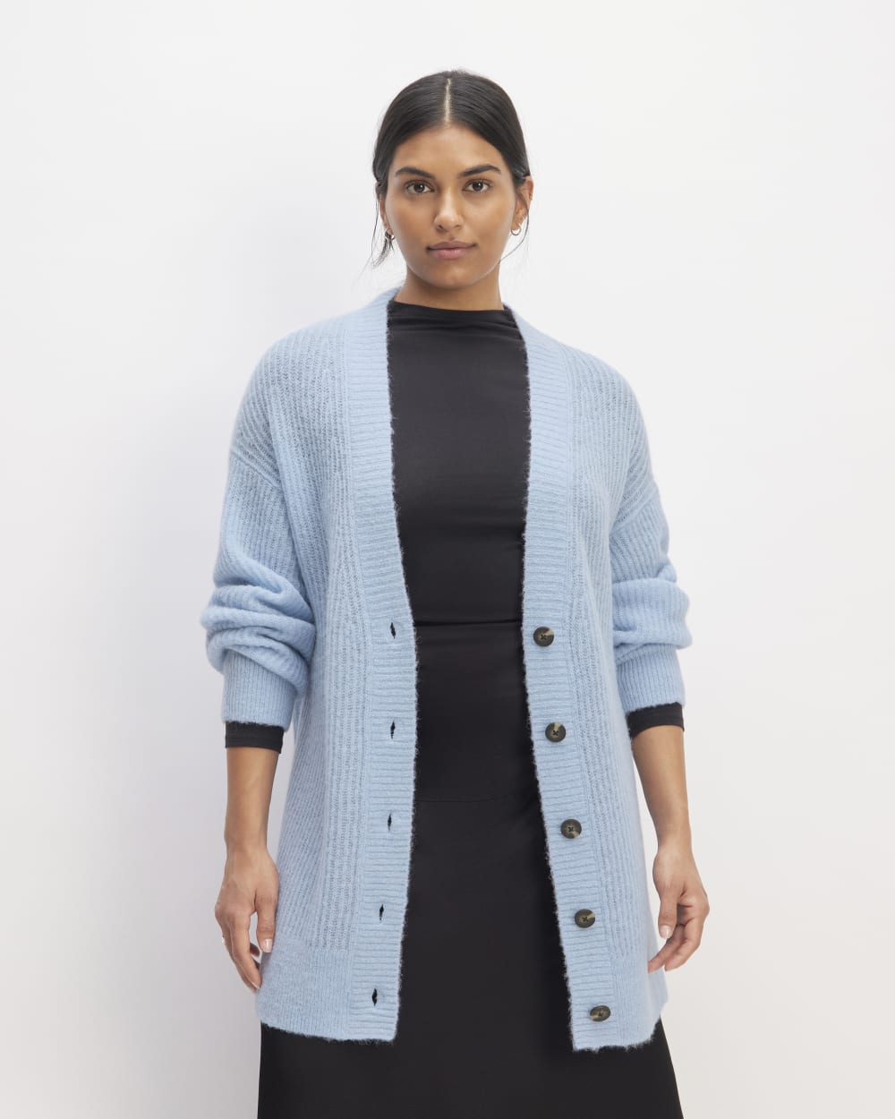The Alpaca Oversized Cardigan in Chambray Blue — front view