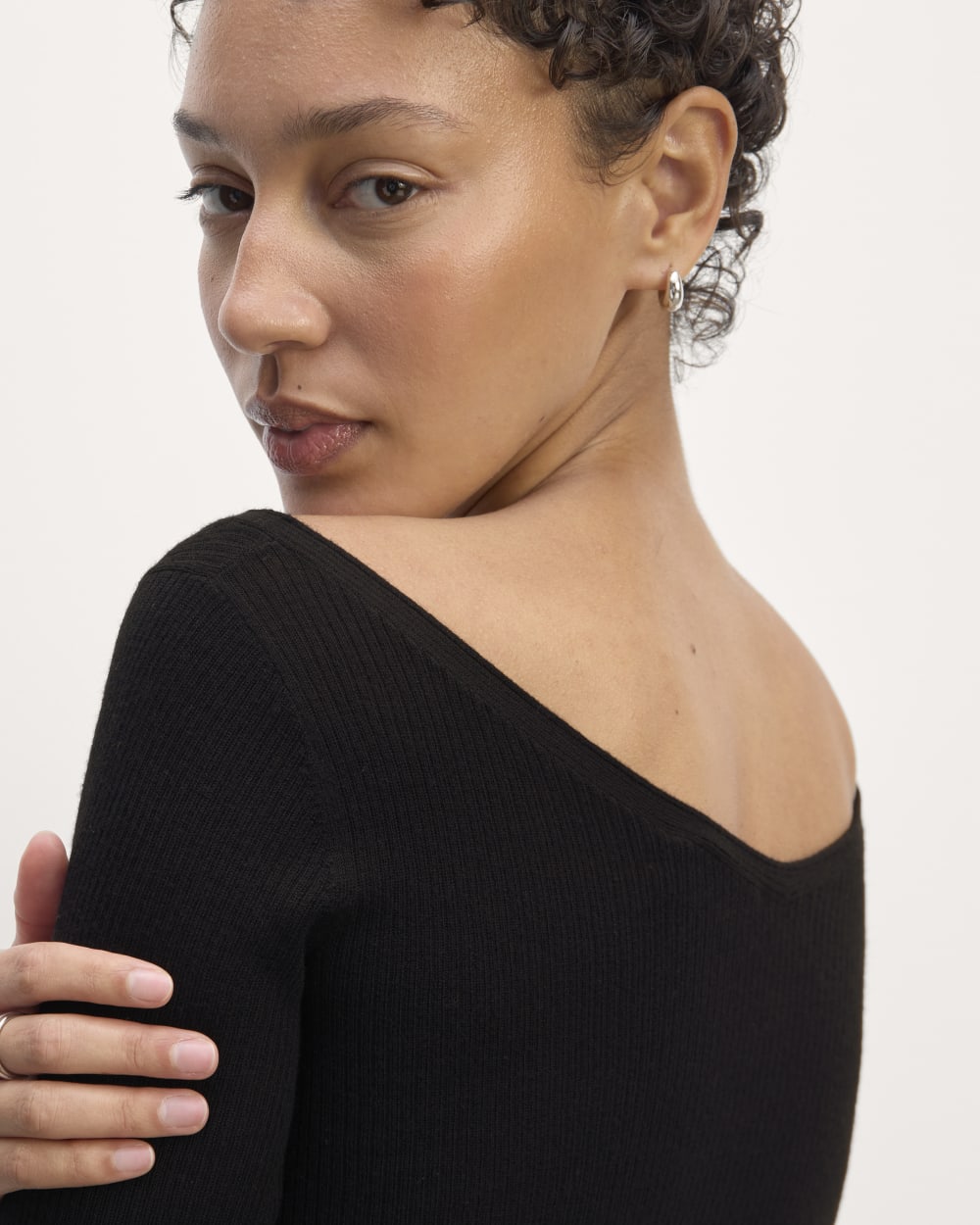 The Off-Shoulder Top in Ultrasoft Merino in Black — detail view