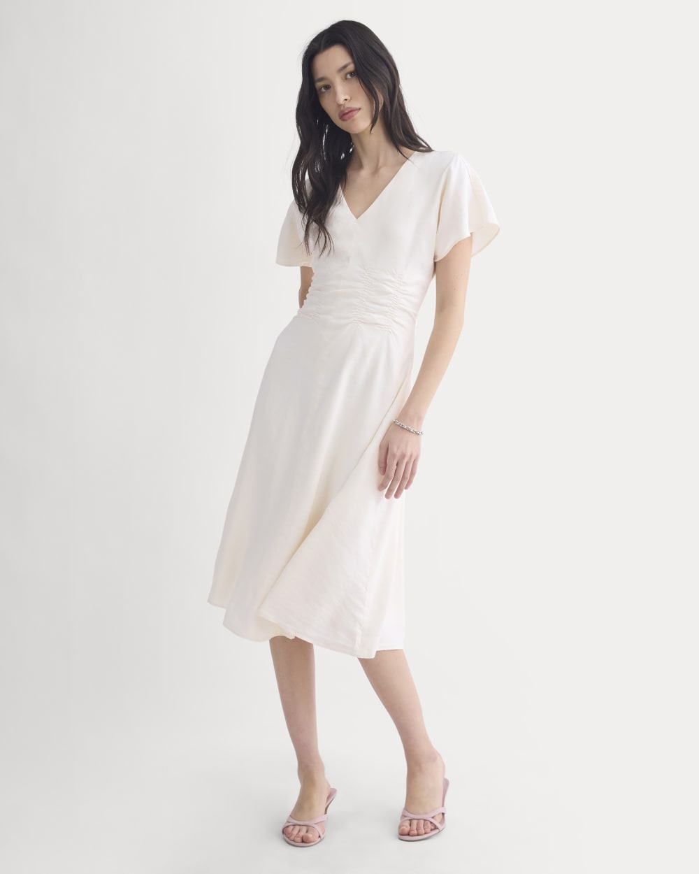 Cinched Dress in Stretch Linen in Bone — front view