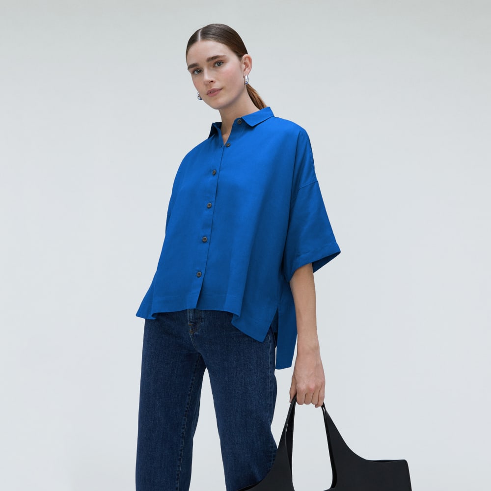 The Drapey Square Shirt in Lapis Blue — detail view