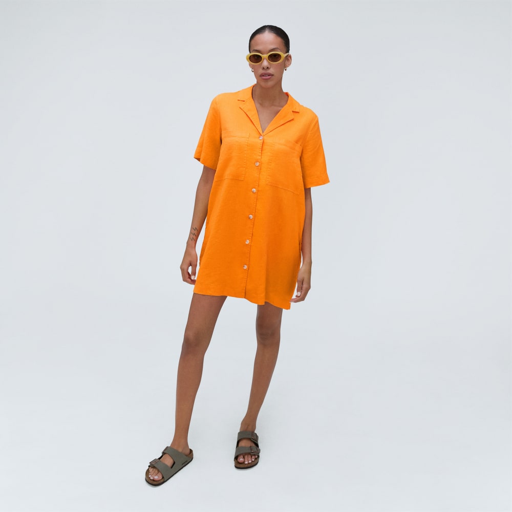 The Linen Workwear Dress in Turmeric — detail view