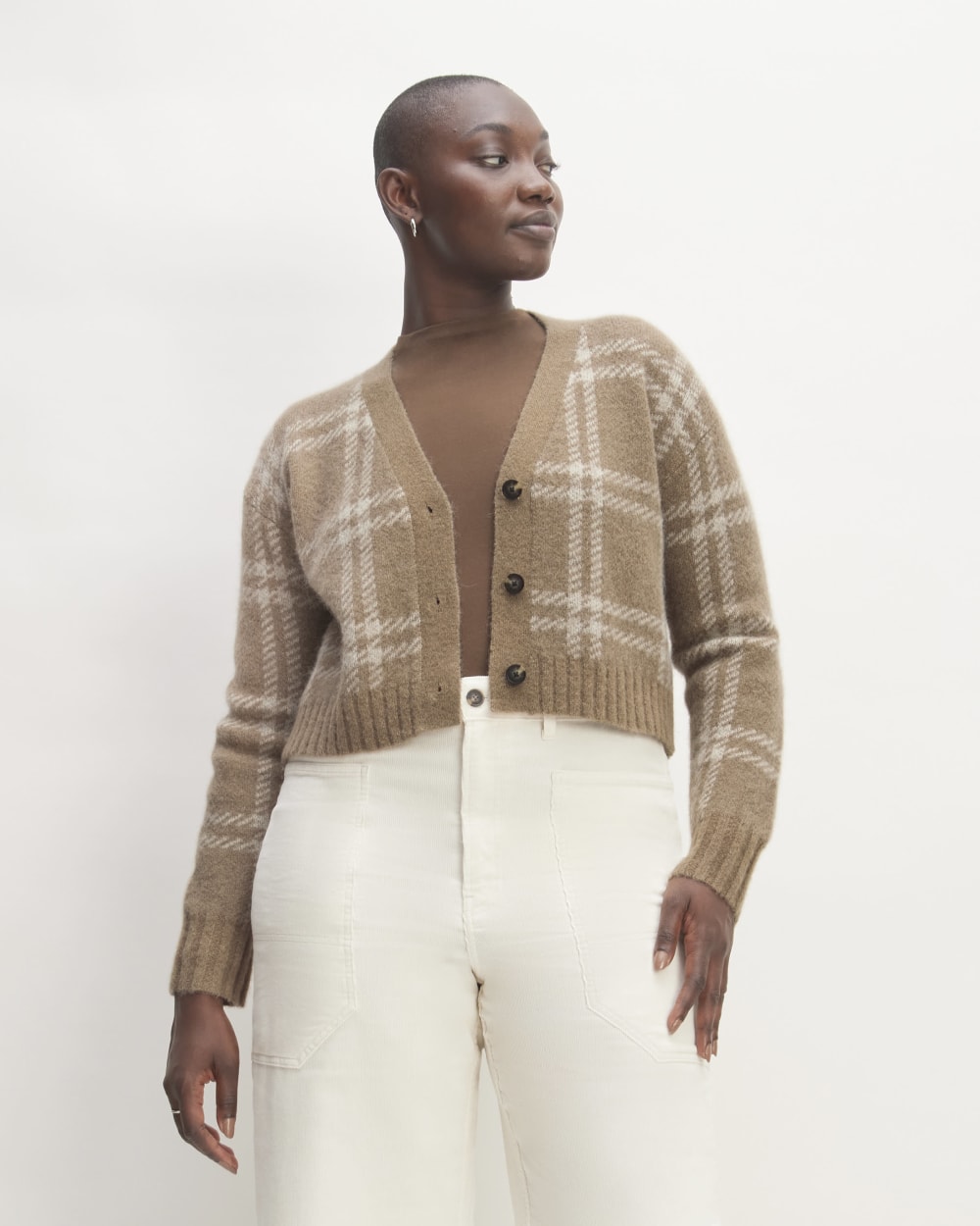The Alpaca V-Neck Cropped Cardigan in Wheat / Lightest Taupe — front view