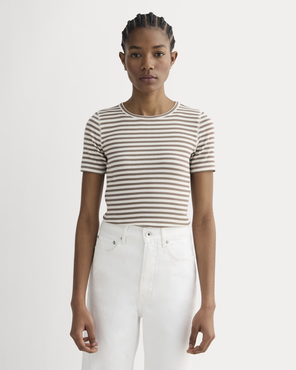The Luxe Rib Crew in Bone / Deep Taupe — front view