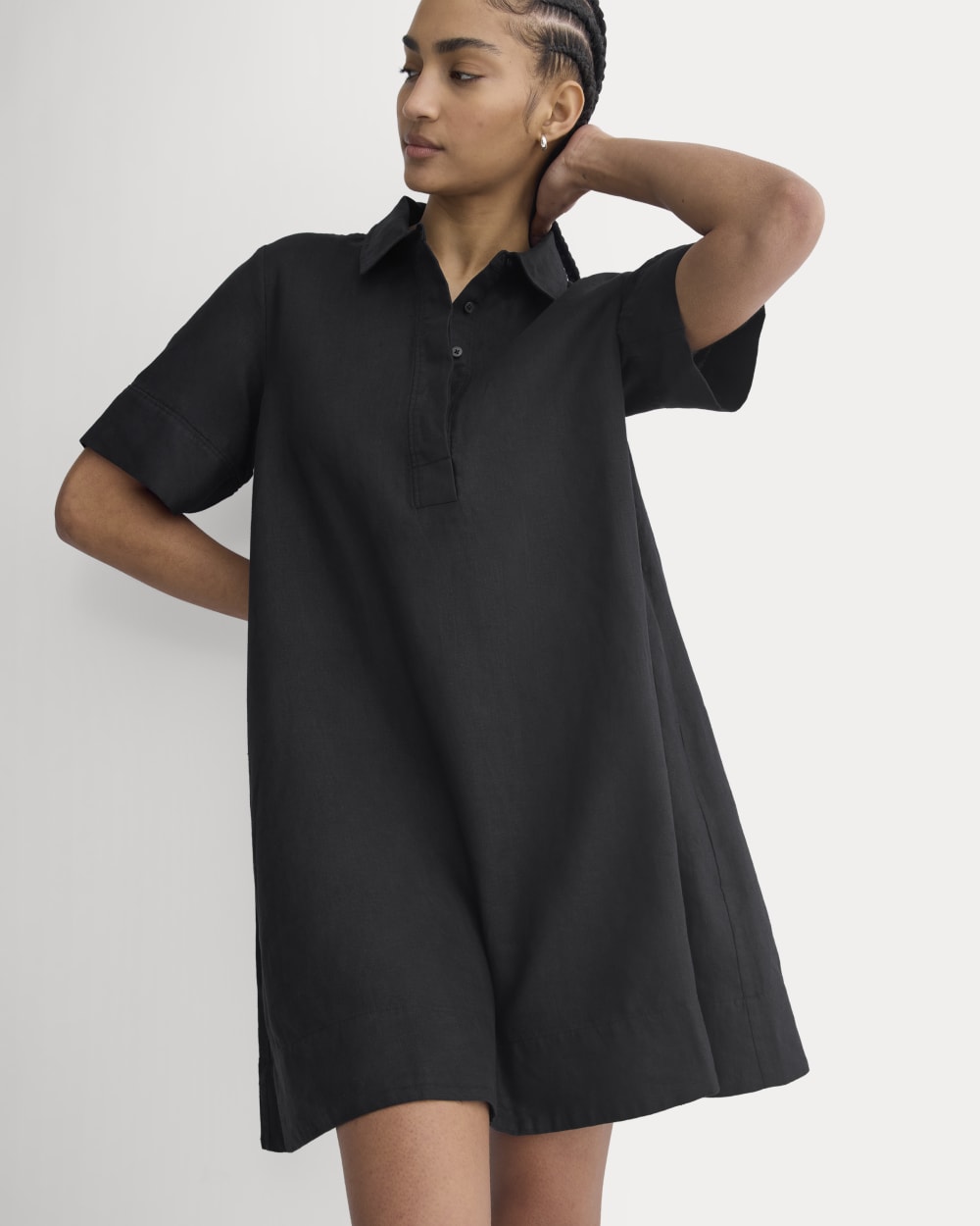 Mini Popover Shirtdress in Linen in Black — front view