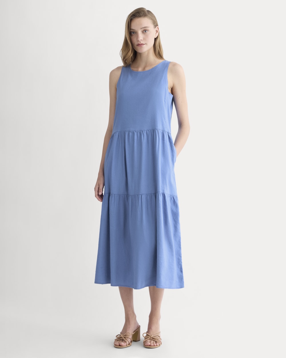The Tiered Dress in Stretch Linen in Bluebell — front view