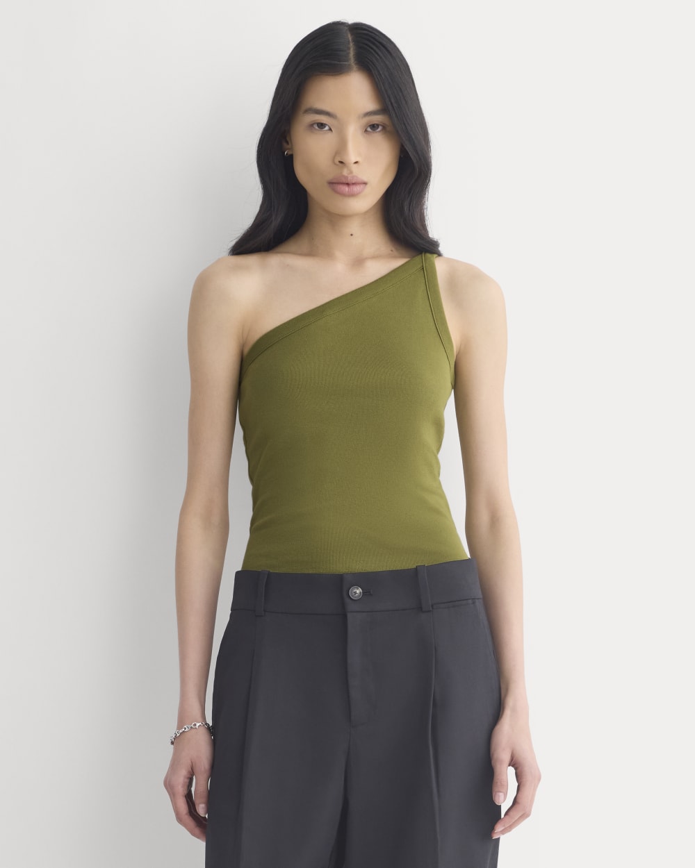 RetroSoft Cotton One-Shoulder Tank in Mayfly — detail view
