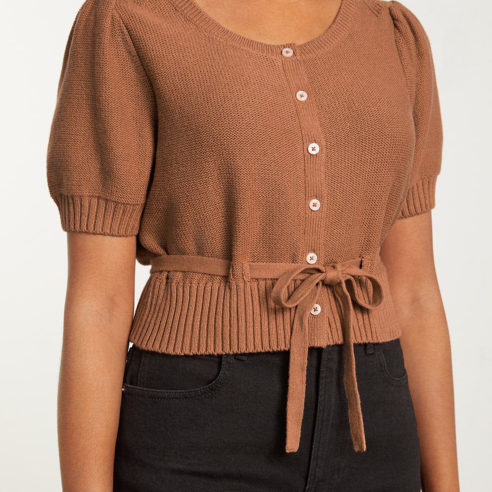 The Puff Sleeve Sweater Top in Tawny Brown — detail view