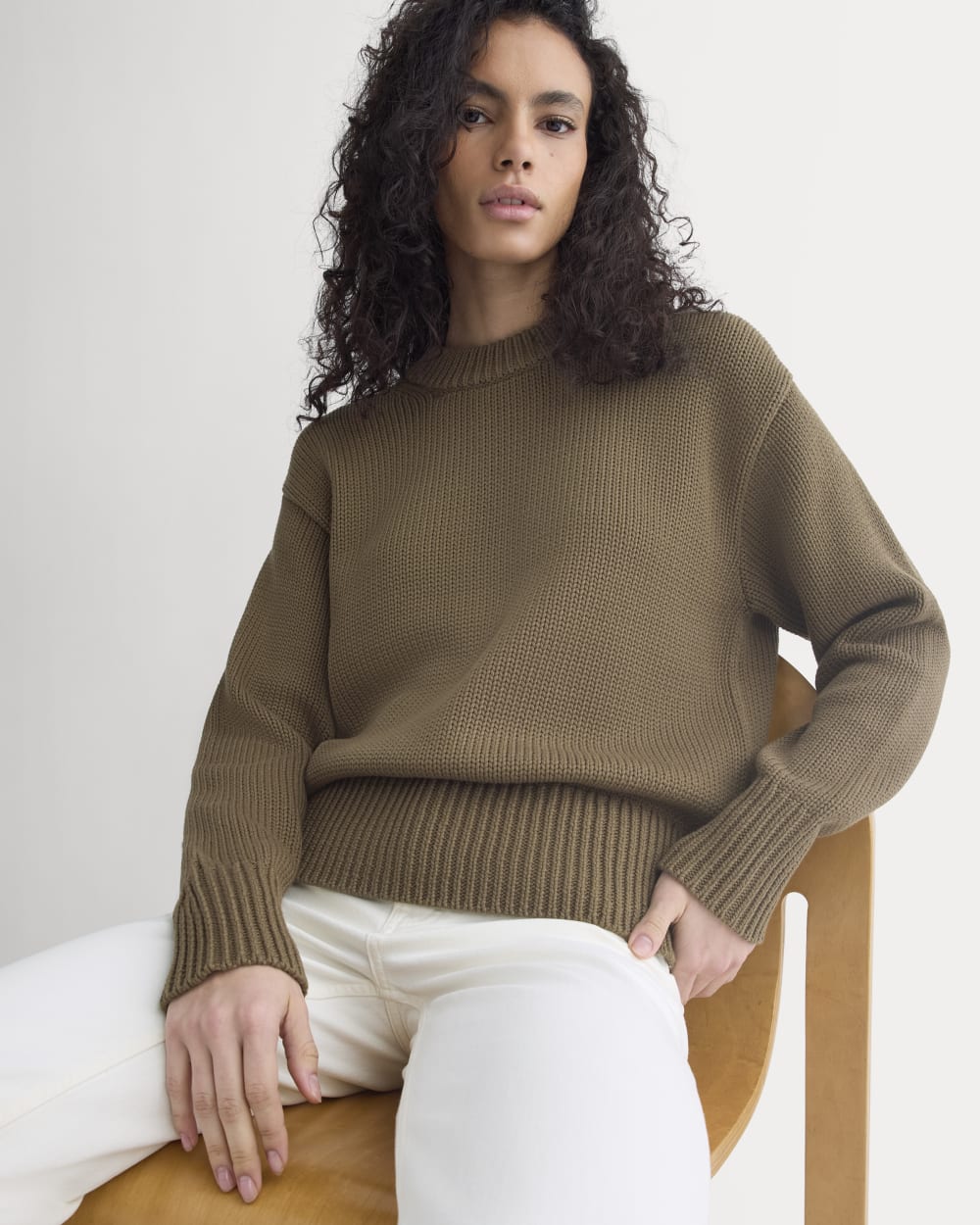 Oversized Cocoon Crew in Elevated Cotton in Beech — front view