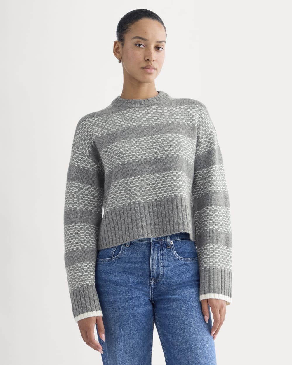 Nordic Cropped Boxy Crew in Luxe Merino in Heathered Mid Grey — front view