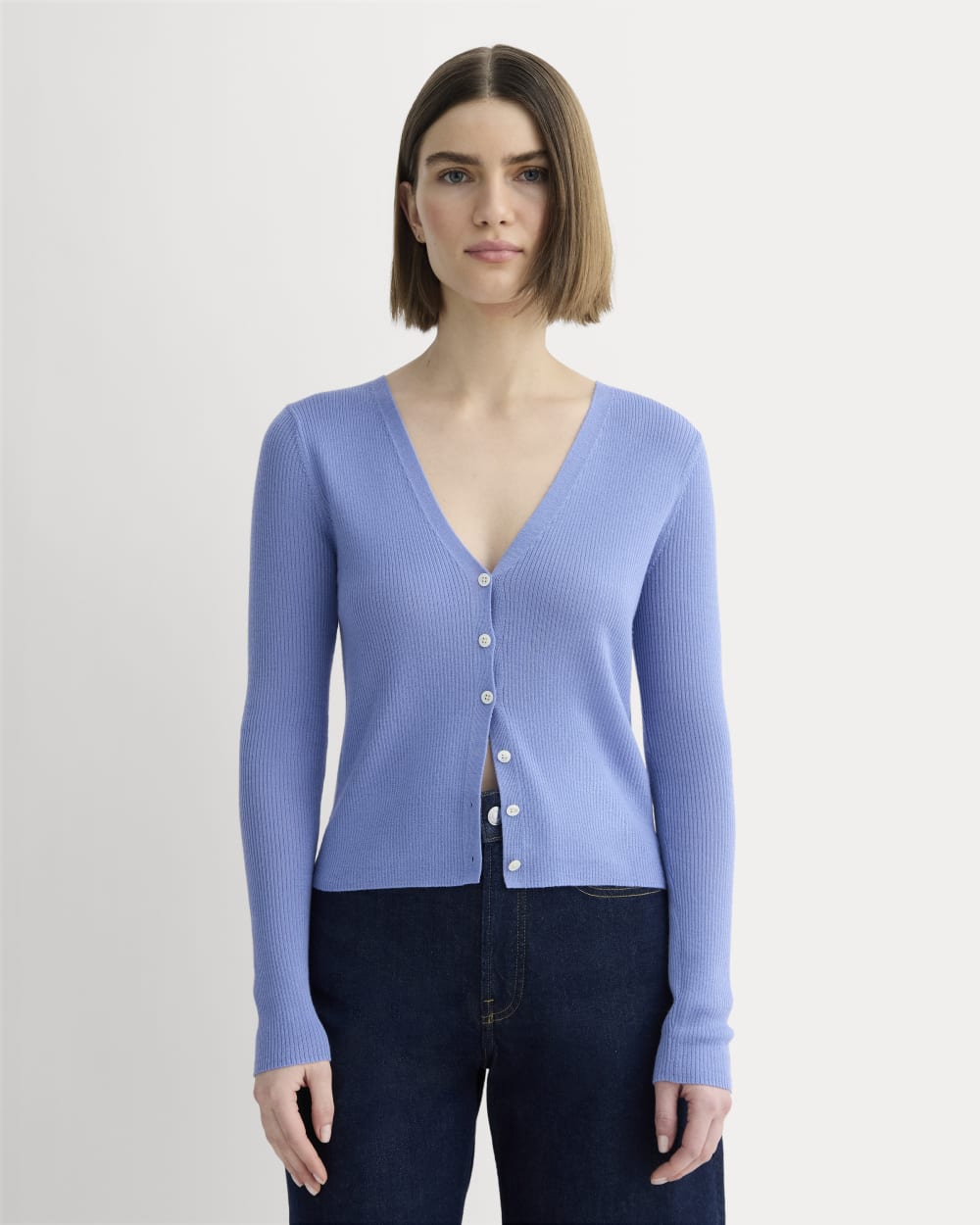The Cardigan in Ultrasoft Merino in Bluebell — front view