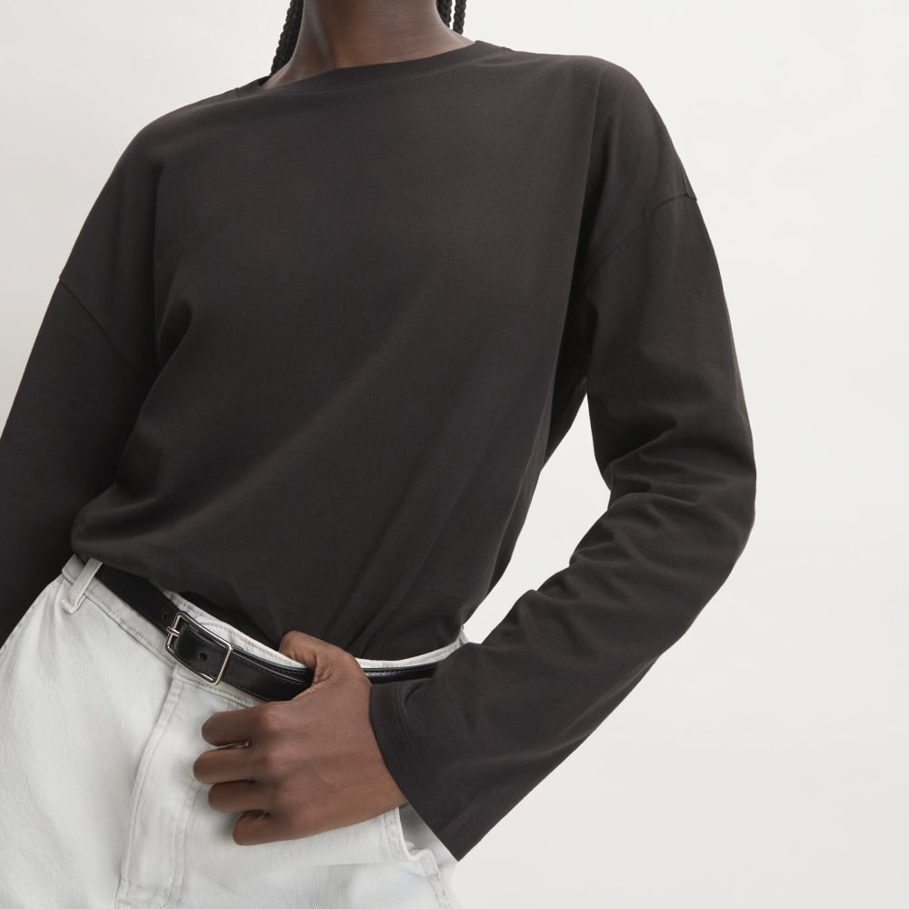 The Organic Cotton Relaxed Long Sleeve Tee in Vintage Black — detail view