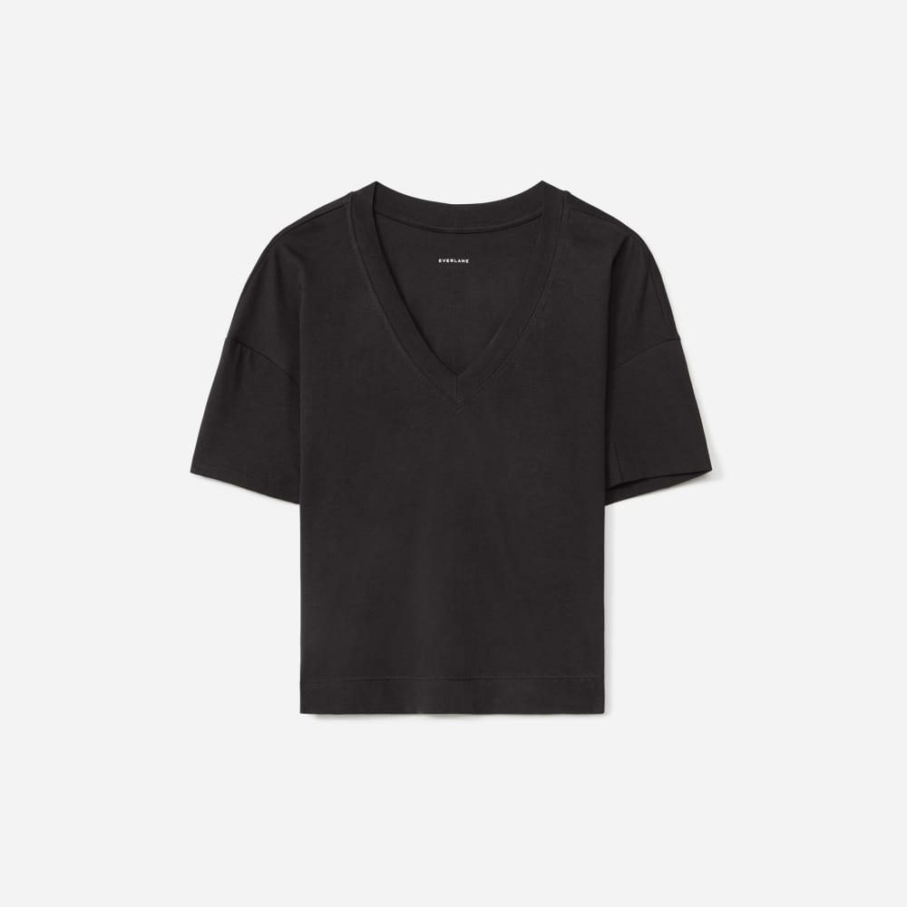 The Organic Cotton Slouchy V-Neck in Black — front view