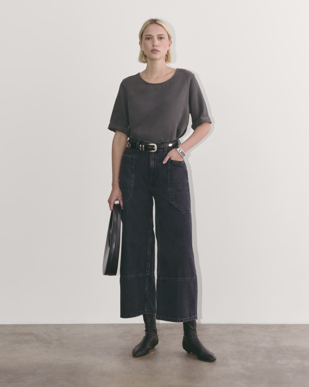 The Relaxed Tee in Buttersoft in Graphite — detail view