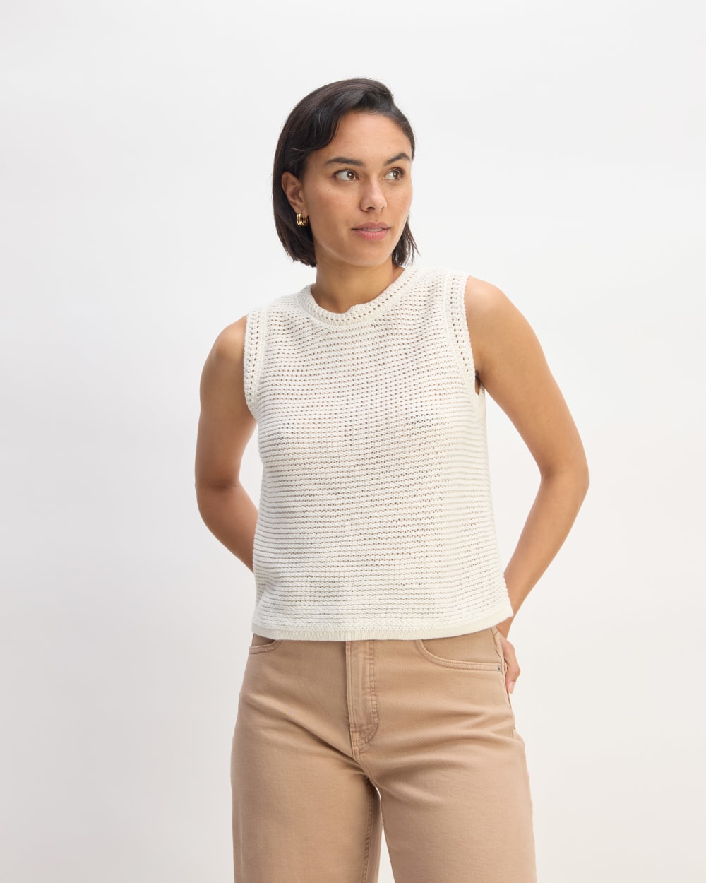 The Organic Cotton Open-Stitch Tank in Bone — front view