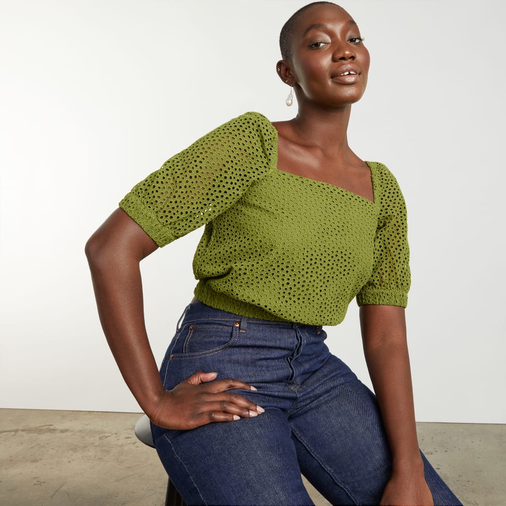 The Eyelet Puff Sleeve Top in Moss — alternate view
