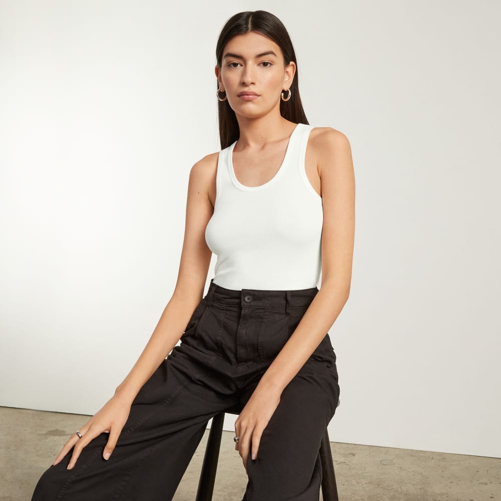 The Pima Micro-Rib U-neck Tank in White — detail view