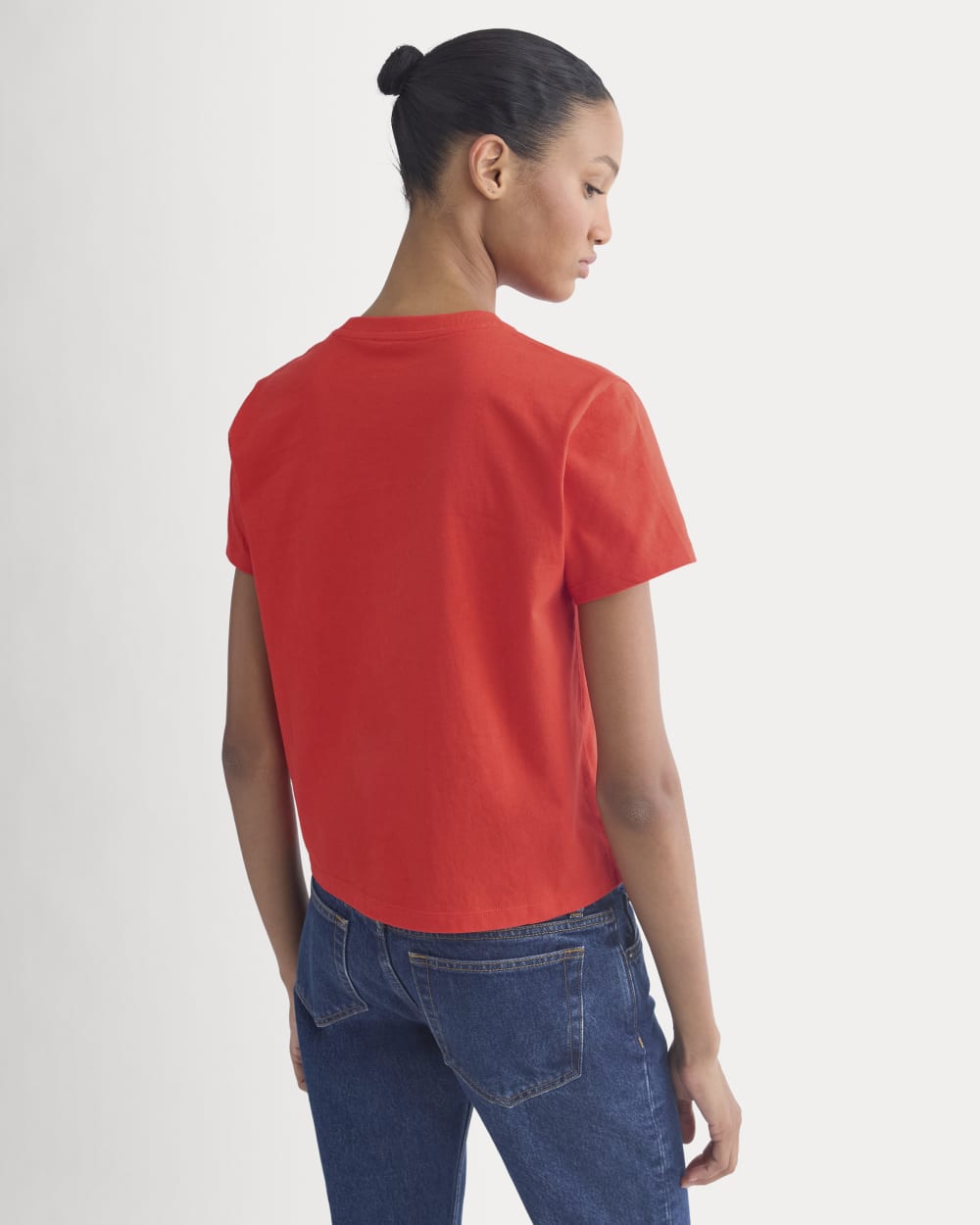The Box-Cut Tee in Essential Cotton in Fiery Red — detail view