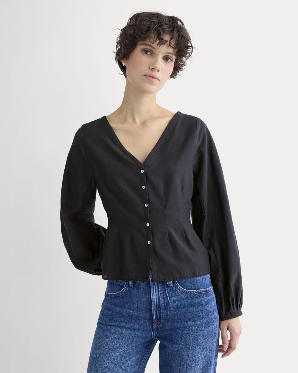 Balloon Sleeve Top in Cotton Silk in Black — detail view