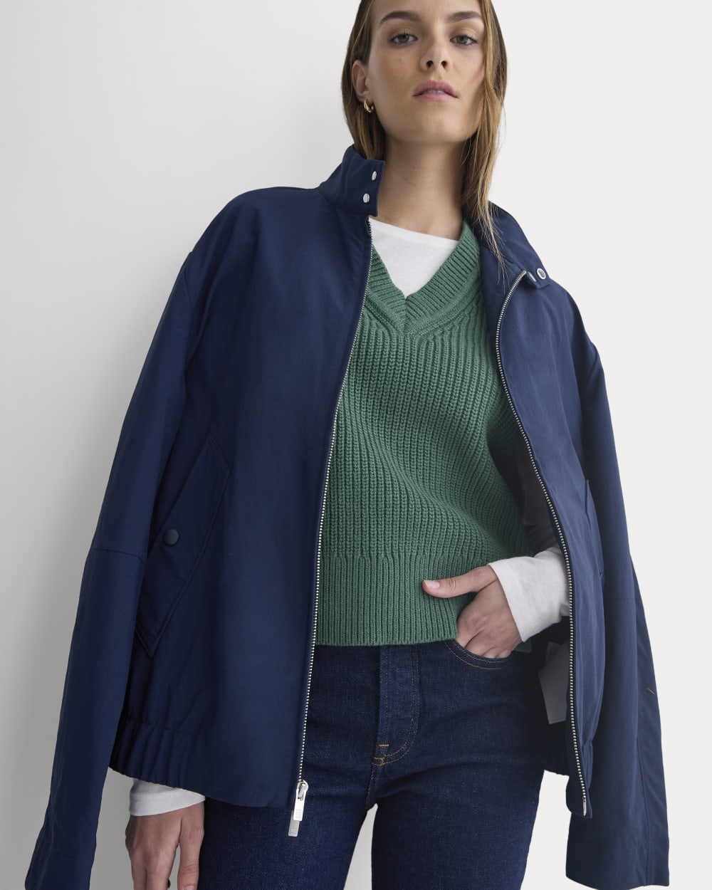 Ribbed V-Neck Vest in Everyday Cotton in Hunter Green — detail view