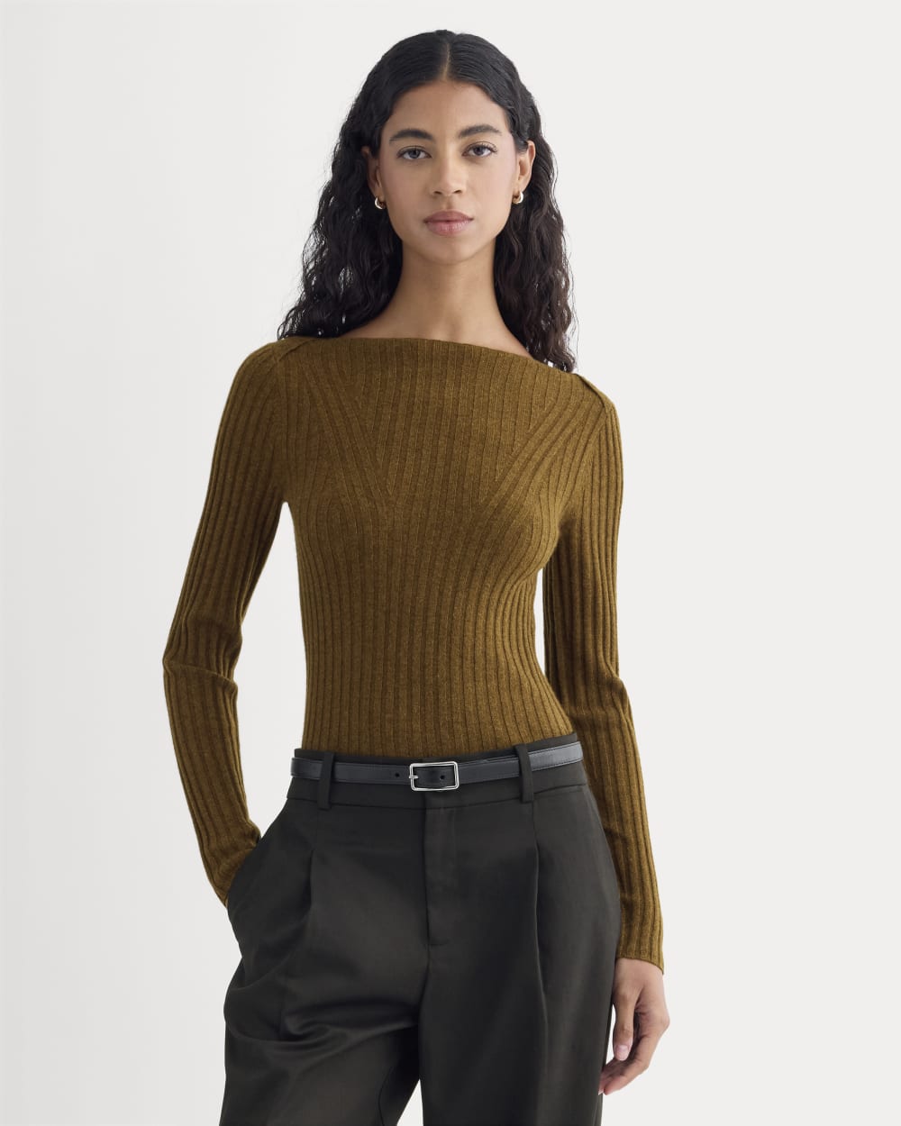 Cashmere Ribbed Boat-Neck Sweater in Heathered Toffee — front view
