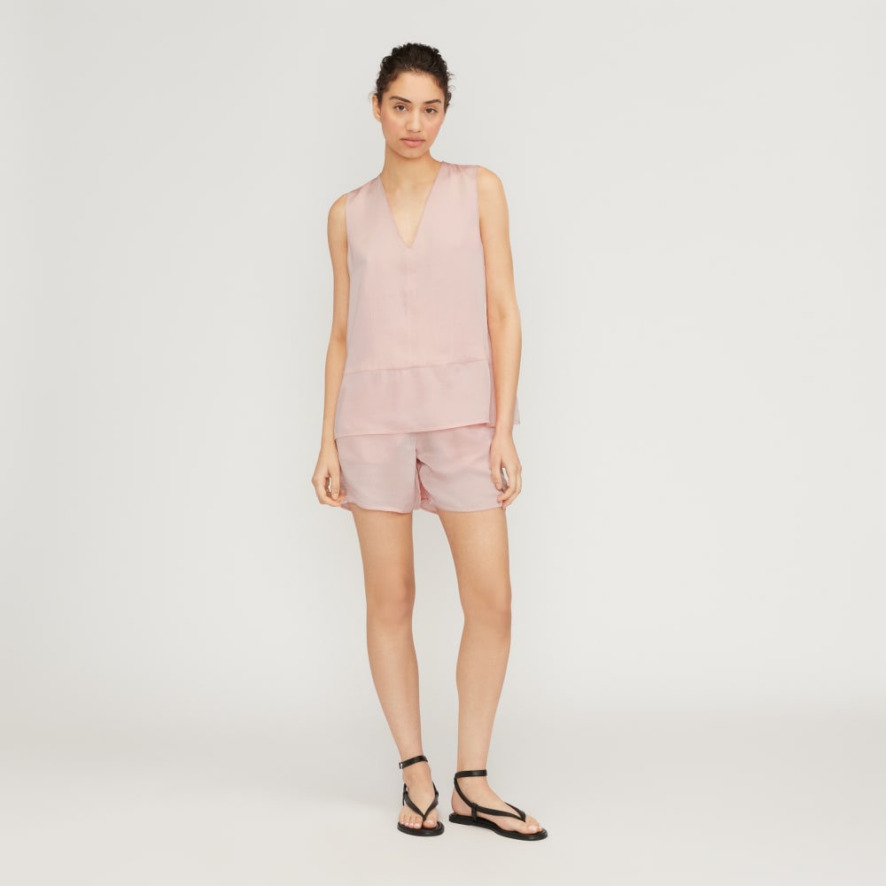 The Satin V-Neck Top in Petal Pink — detail view