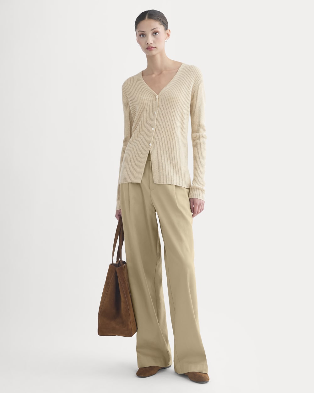 Cashmere Ribbed V-Neck Cardigan in Heather Light Camel — detail view