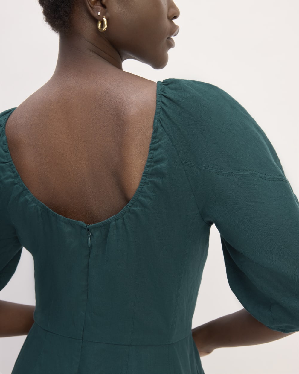 The Linen Short-Sleeve Scoop Midi Dress in Dark Sea — detail view