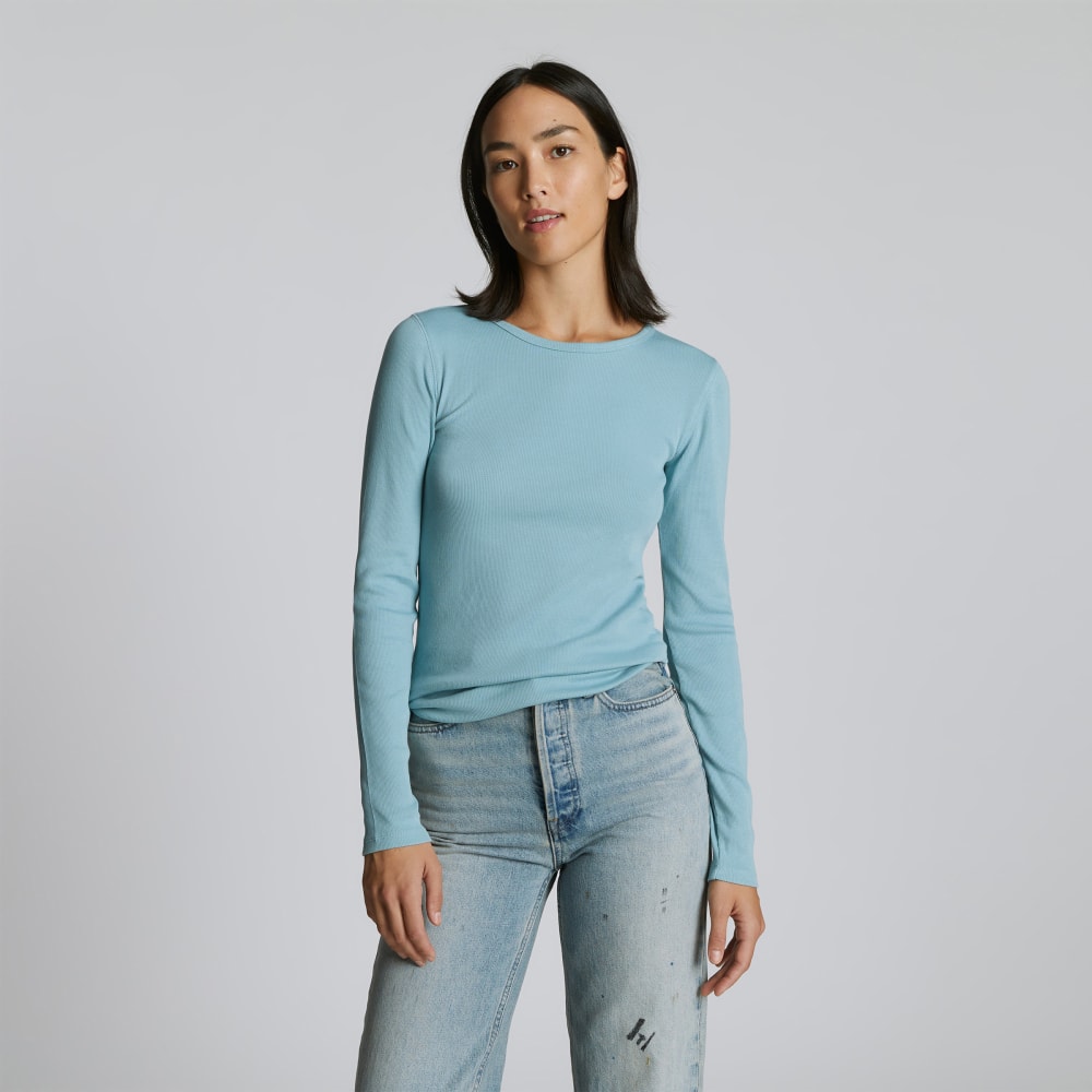 The Luxe Rib Long-Sleeve Crew in Blue Shadow — front view