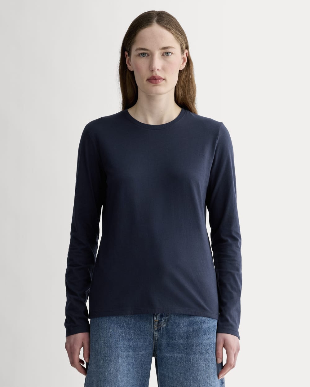 The Slim Long-Sleeve Crew in Essential Cotton in Navy — front view