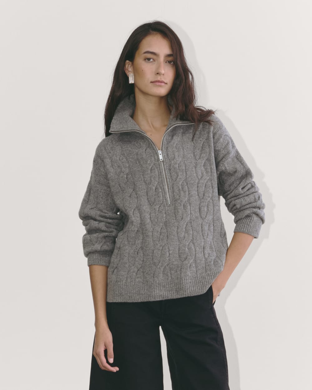 The Cable Half-Zip in Luxe Merino in Heathered Mid-Grey — front view