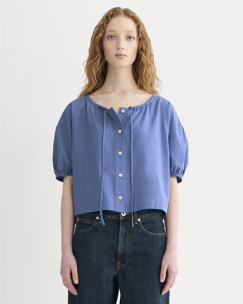 The Gauze Button-Up in Soft Cobalt — front view