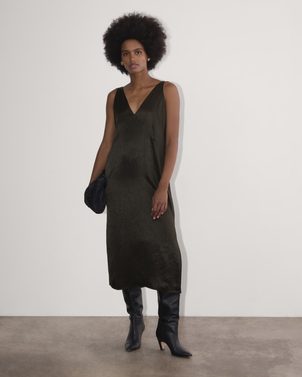 The Satin Slip Dress in Black — front view