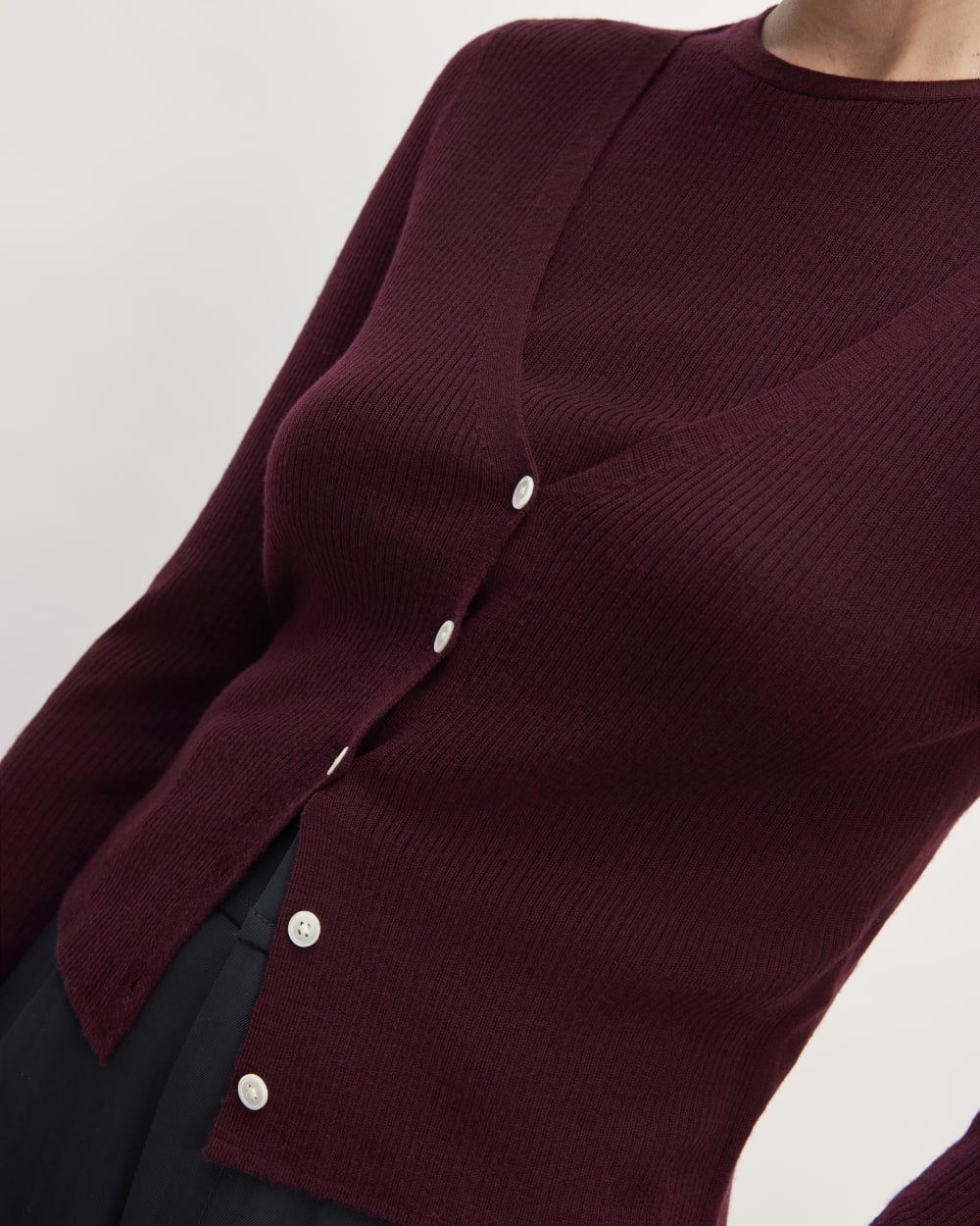 The Cardigan in Ultrasoft Merino in Burgundy — detail view