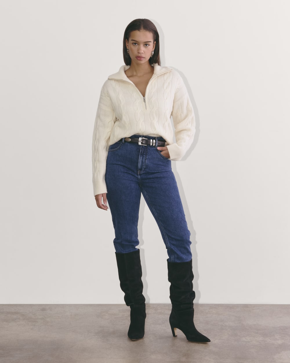 The Cable Half-Zip in Luxe Merino in Bone — detail view
