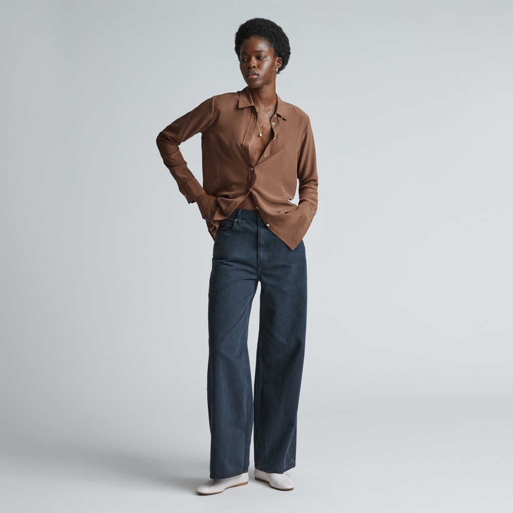 The Must-Have Shirt in Washable Silk in Carob Brown — detail view