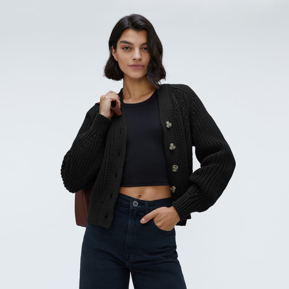 The Texture Cotton Cardigan in Black — detail view