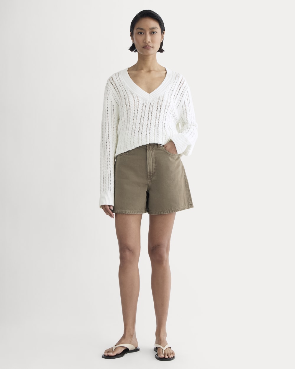 The A-Line Denim Short in Garment-Dyed Chocolate — front view