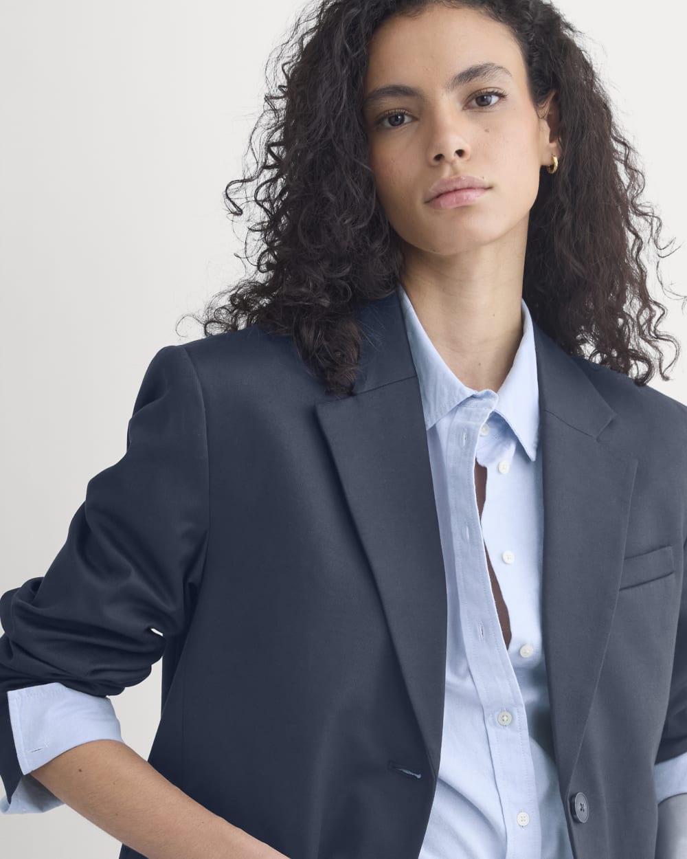 Tailored Drape Blazer in Navy — detail view